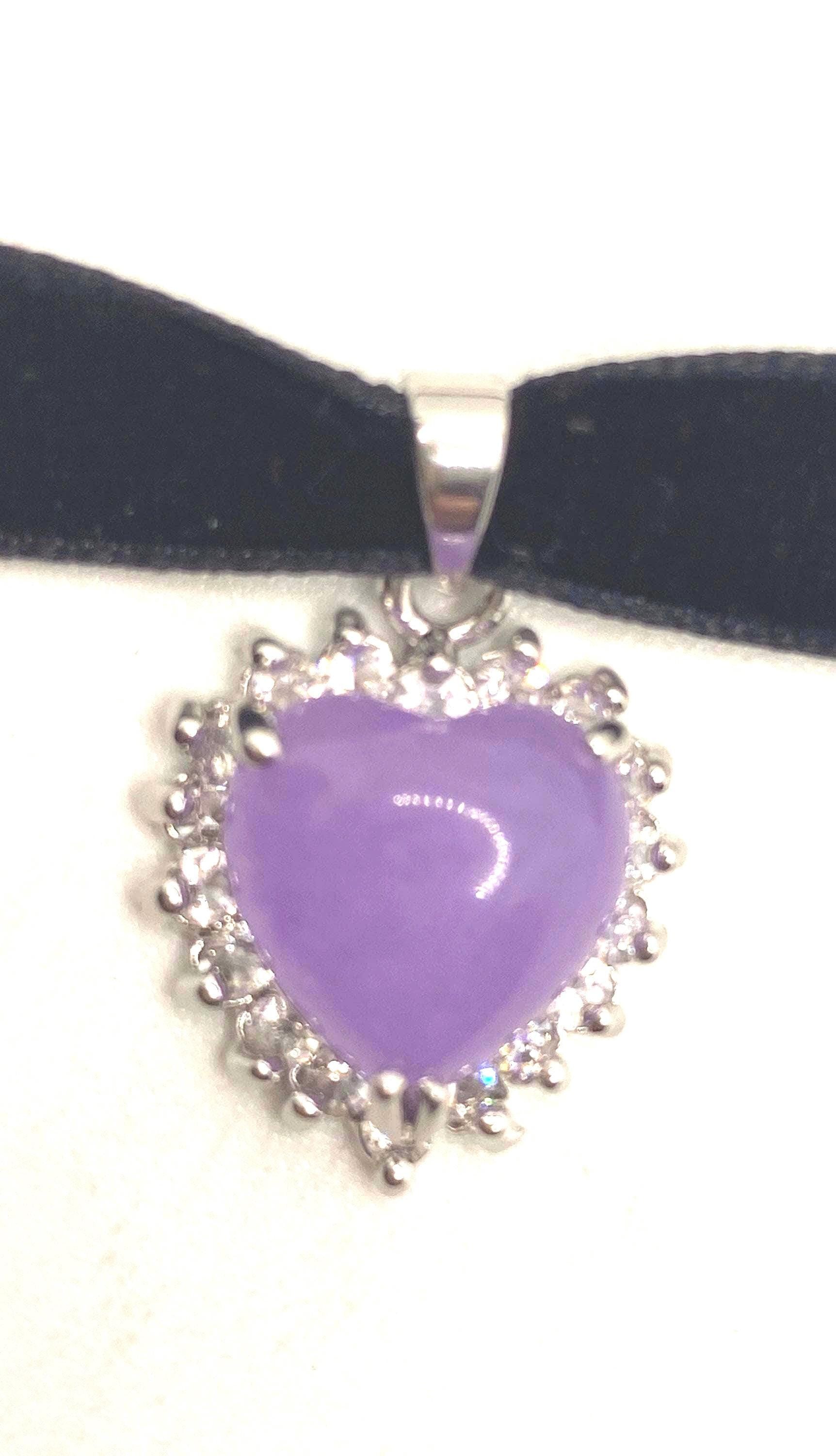 Vintage Lavender Jade Heart Choker Silver Bronze Necklace Pendant