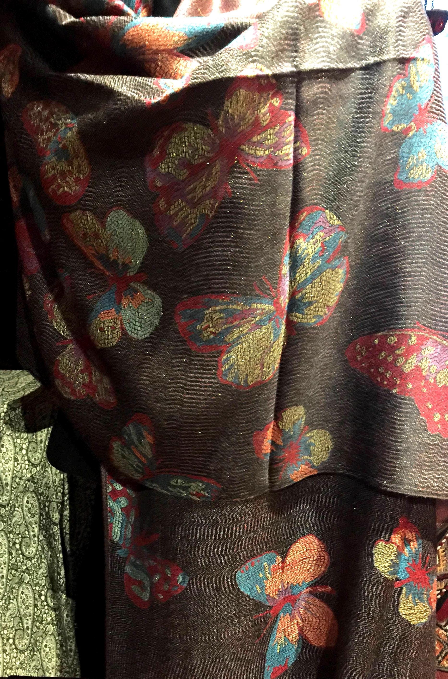 Nemesis Vintage Black Gold Butterfly Brocade Pashmina Scarf Wrap