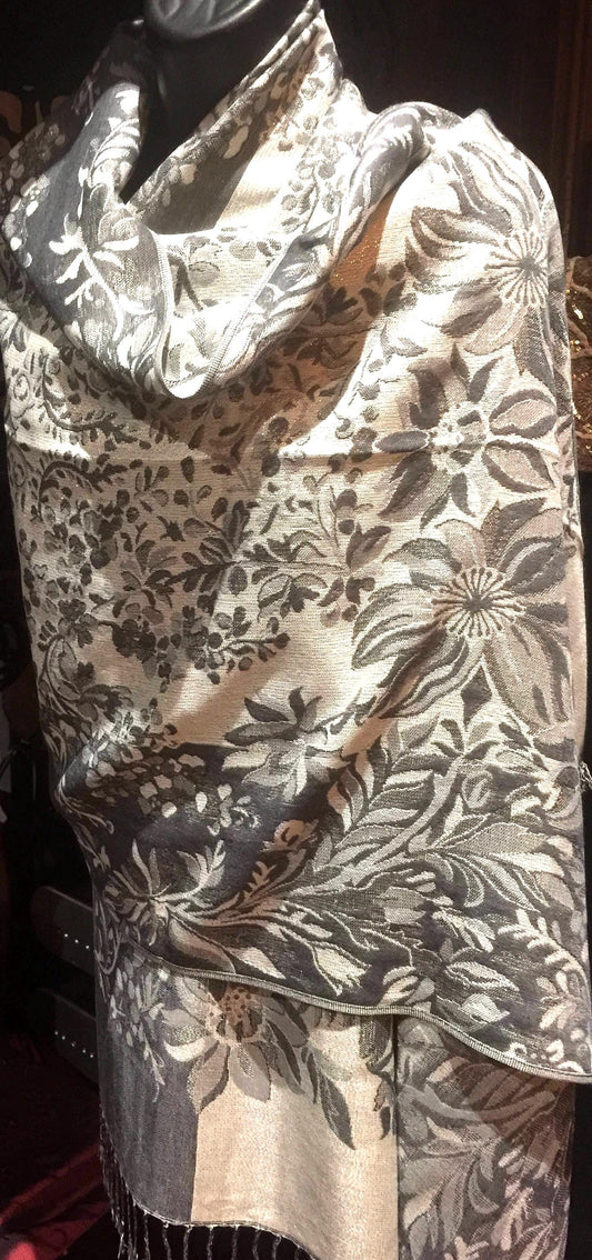 Nemesis Vintage Gray White Silver Flower Brocade Pashmina Scarf Wrap