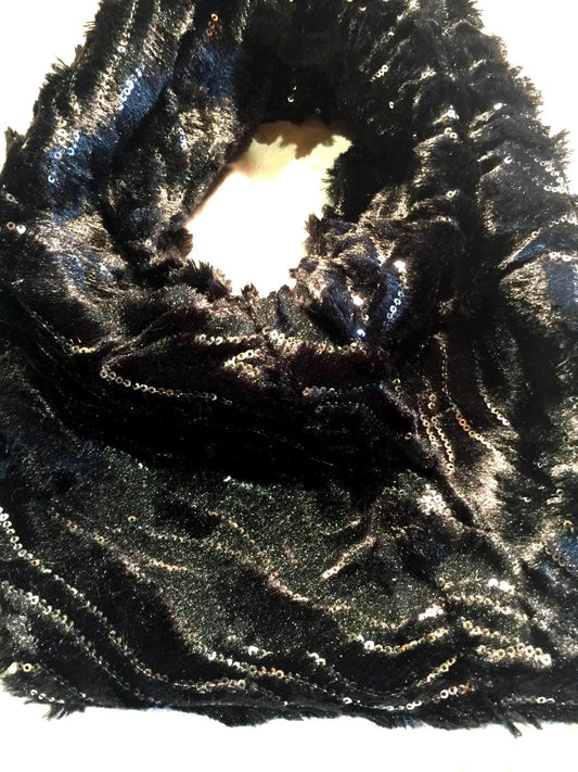 Nemesis Antique Vintage Styled Infinity Scarf, Black Furry Knit