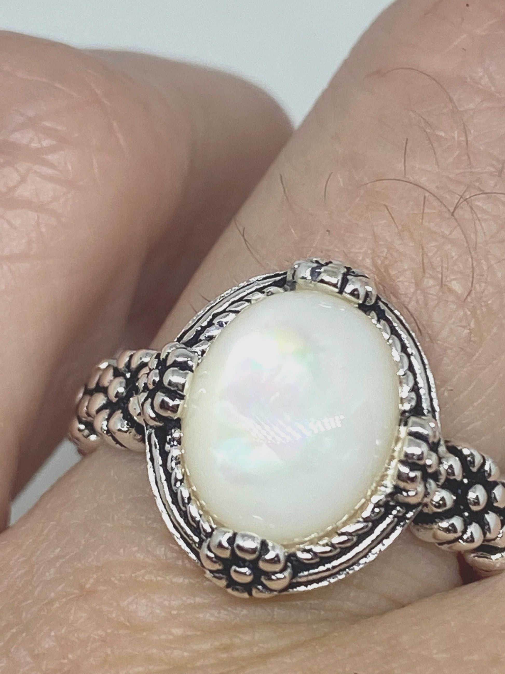 Antique White Mother of Pearl Filigree Sterling Silver Ring