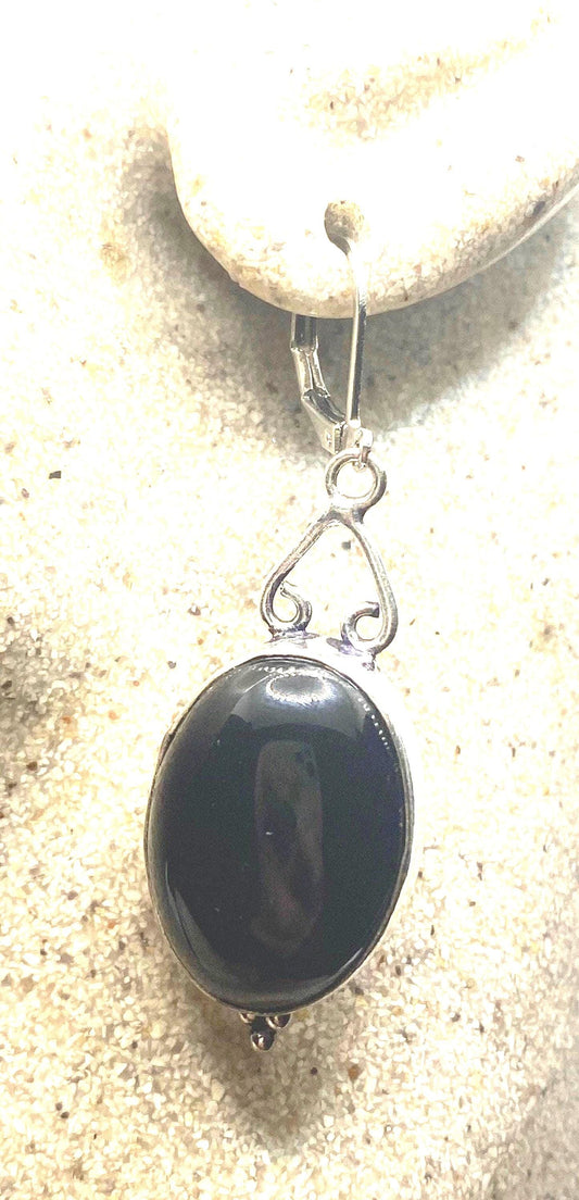Vintage Black Onyx Earrings 925 Sterling Silver Deco Dangle Chandelier