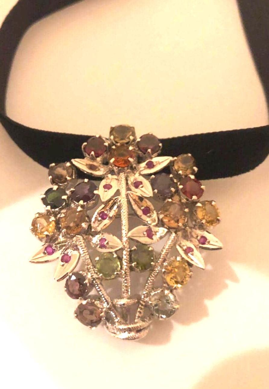 Vintage Handmade Genuine Mixed Tourmaline Gemstone 925 Sterling Silver Rhodium Brooch