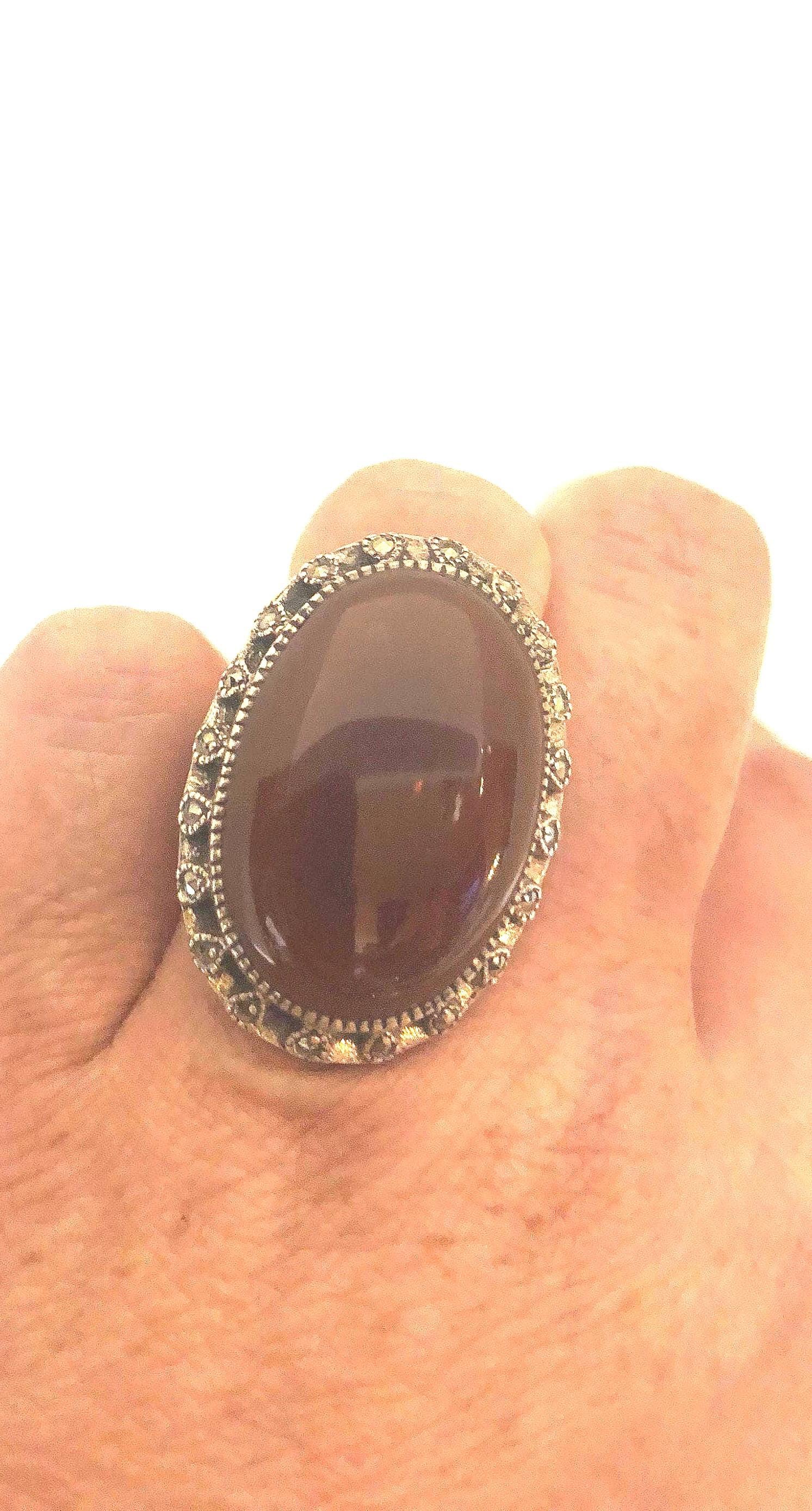 Vintage Genuine Red Carnelian 925 Sterling Silver Marcasite Ring