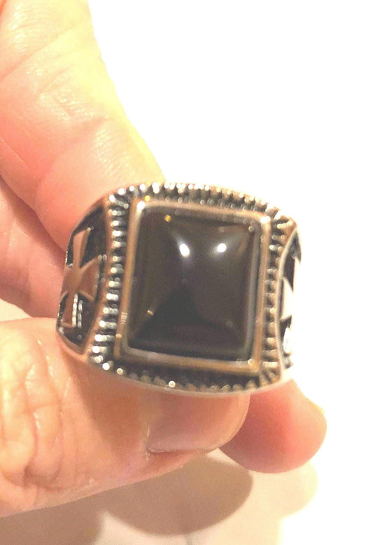 Vintage Gothic Black Onyx Inlay Cross Mens Ring