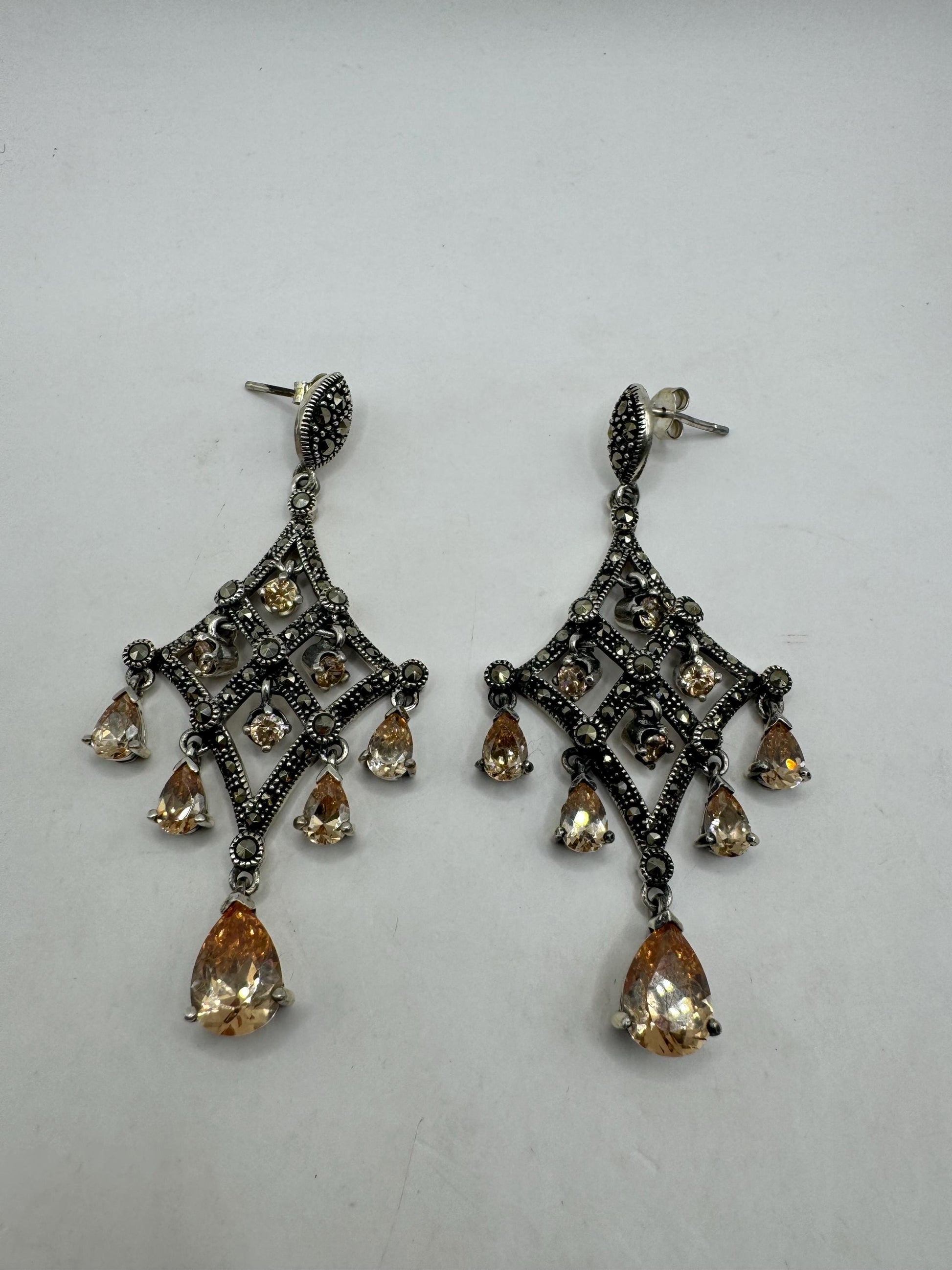 Vintage Champaign Cubic Zirconia Marcasite 925 Sterling Silver Dangle Chandelier Earrings