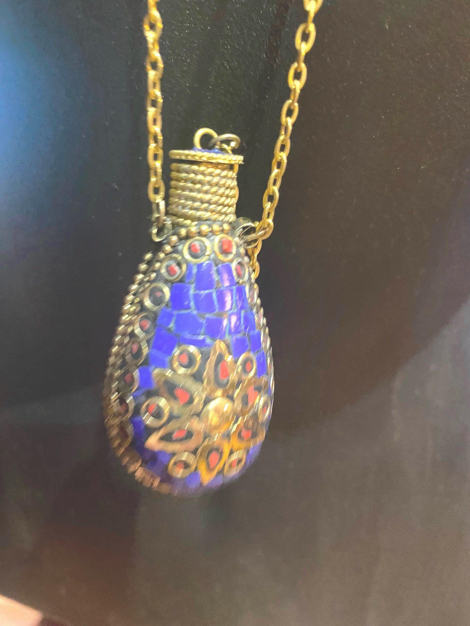 Vintage Perfume Oil Bottle mosaic Inlay Gemstone Pendant Necklace