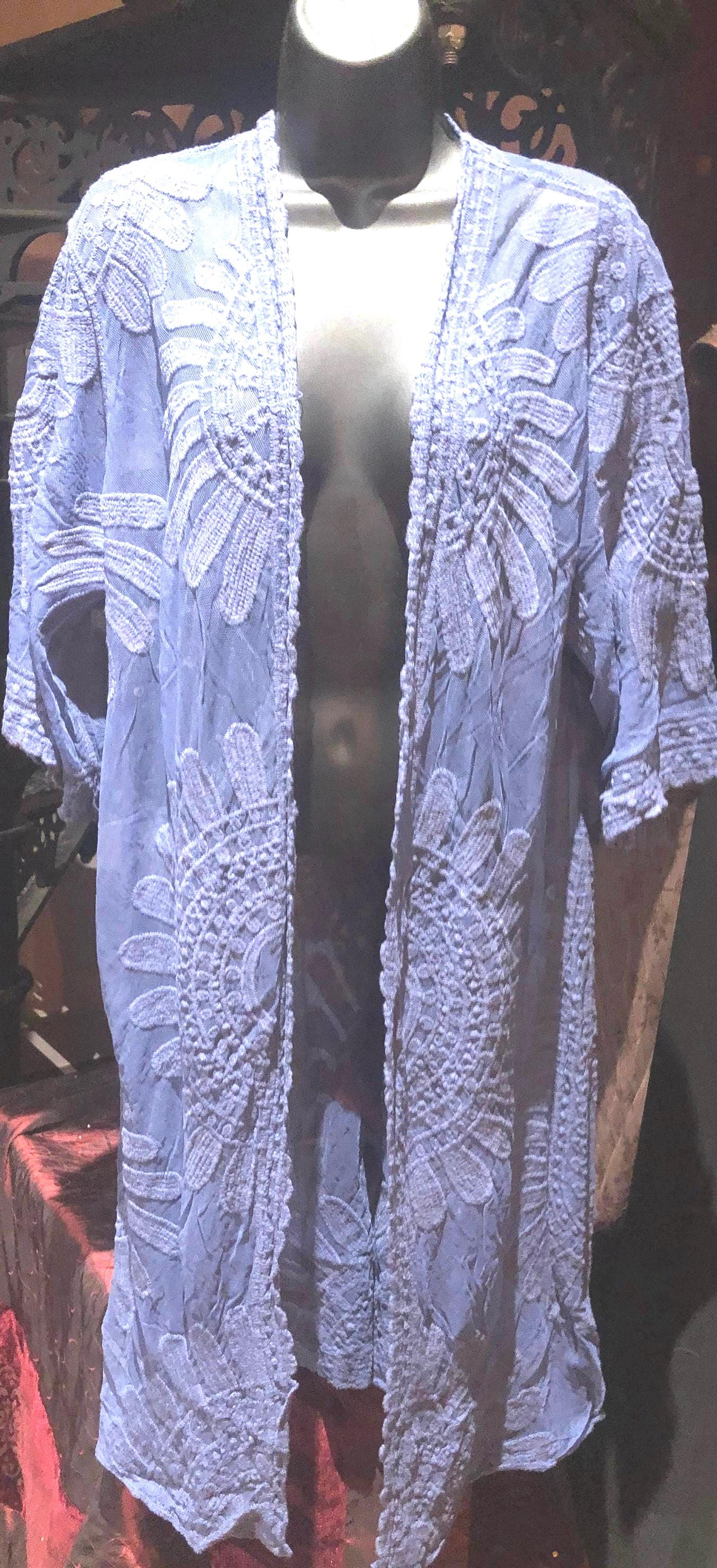 Lace Kimono Jacket Vintage Style Blue Tie Dye Embroidered wrap