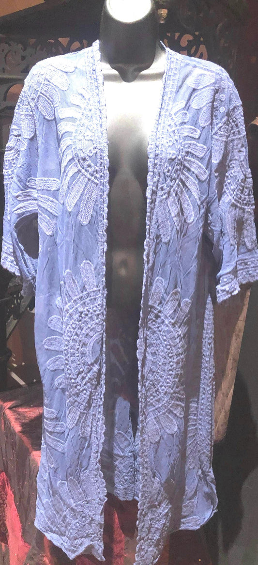 Lace Kimono Jacket Vintage Style Blue Tie Dye Embroidered wrap