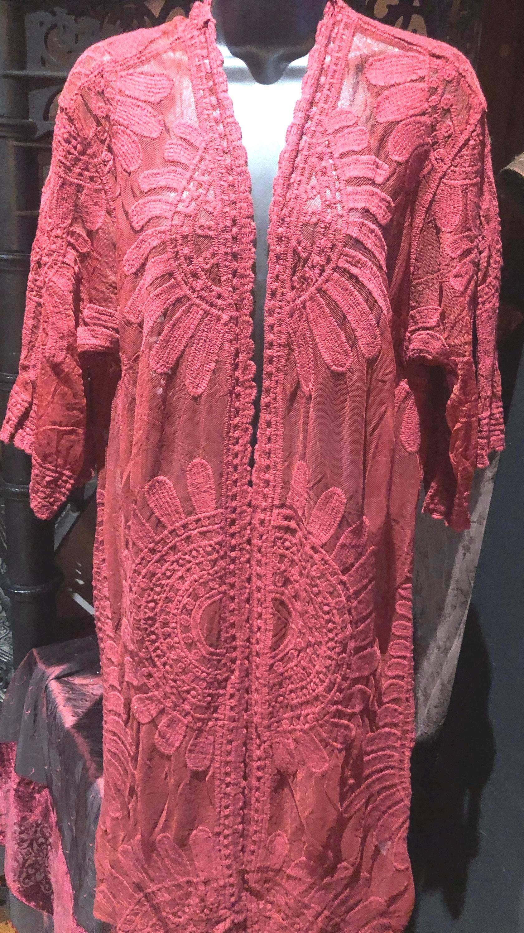 Lace Kimono Jacket Vintage Style Cranberry Red Embroidered wrap