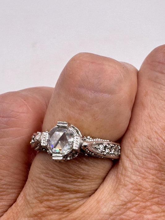 Vintage Victorian Handmade Antique old rose cut White Diamond Gothic 14k White Gold Engagement Ring