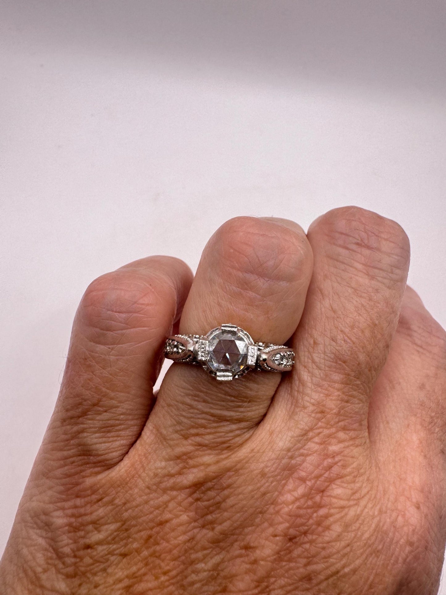 Vintage Victorian Handmade Antique old rose cut White Diamond Gothic 14k White Gold Engagement Ring