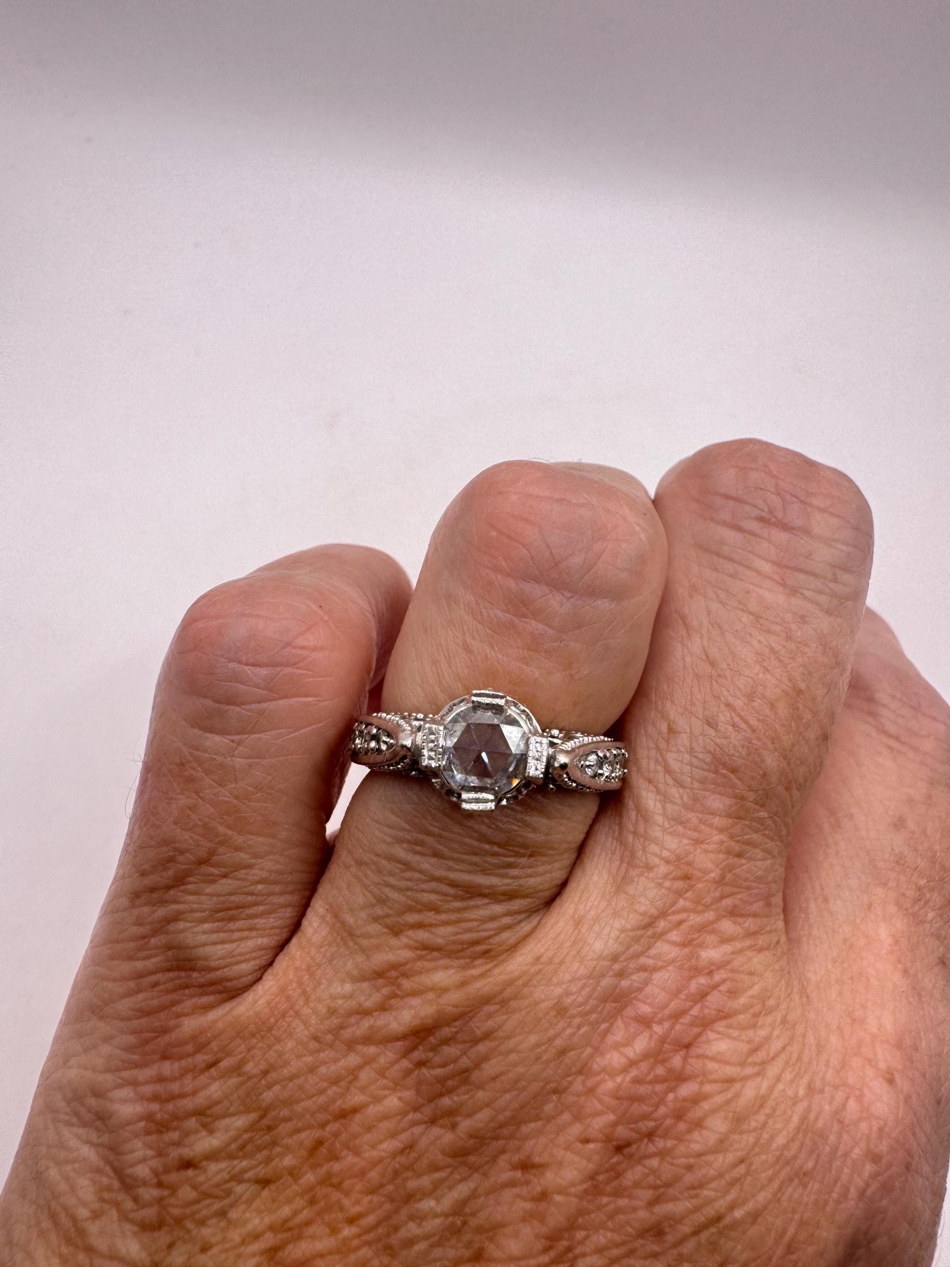 Vintage Victorian Handmade Antique old rose cut White Diamond Gothic 14k White Gold Engagement Ring