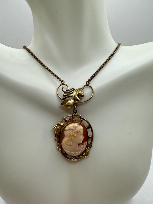 Vintage Shell Cameo Rose and Yellow Gold Filled Necklace Choker