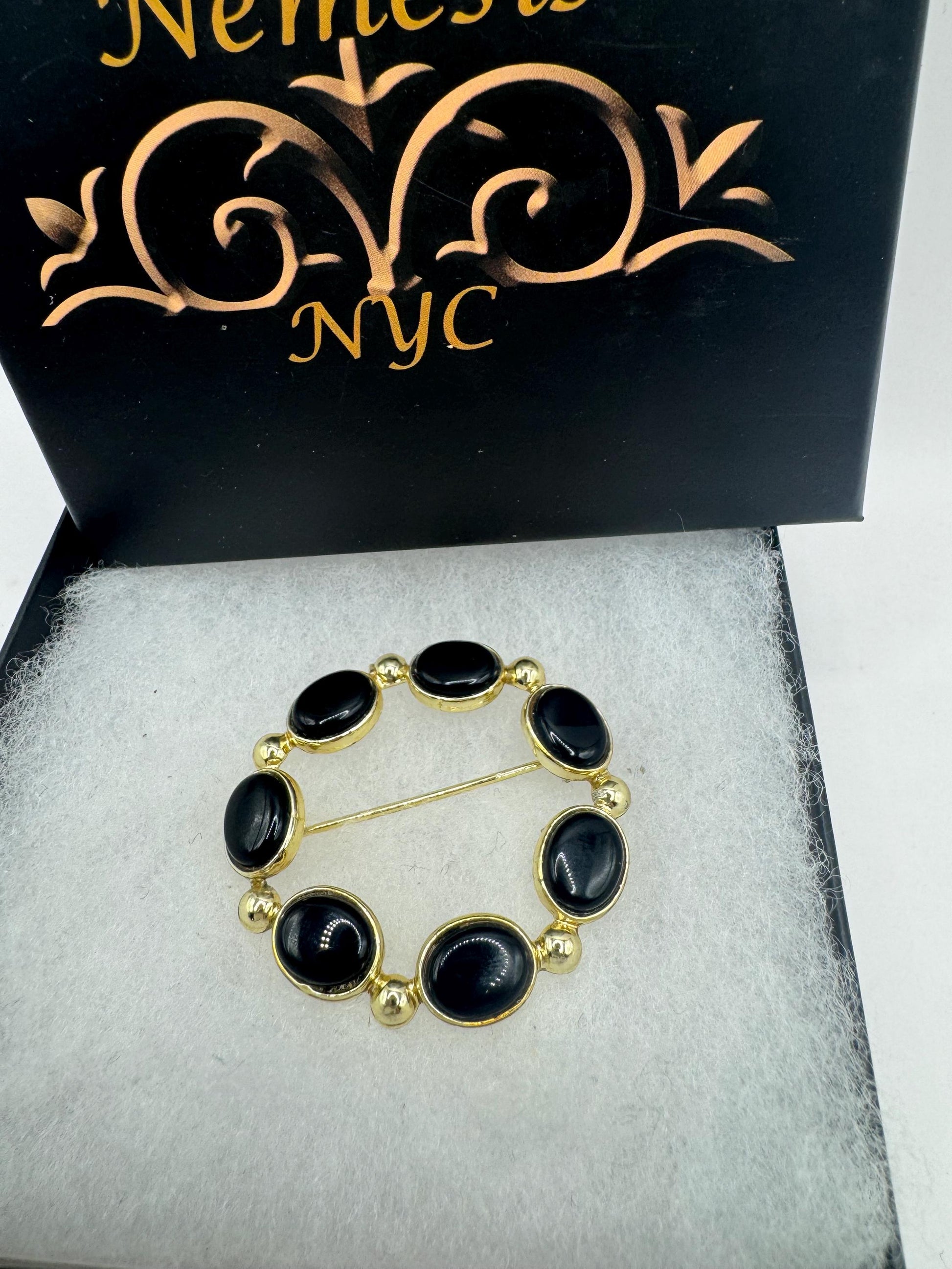 Vintage Black Onyx Pin Gold Filled Brooch