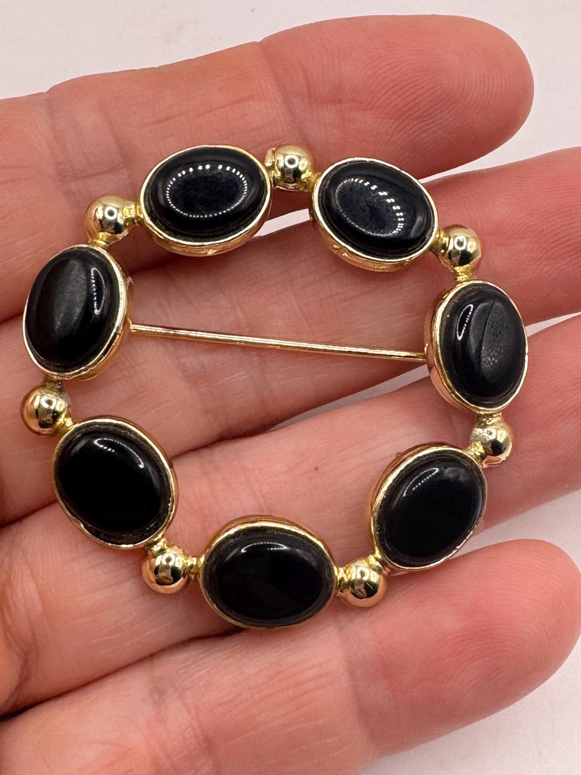 Vintage Black Onyx Pin Gold Filled Brooch