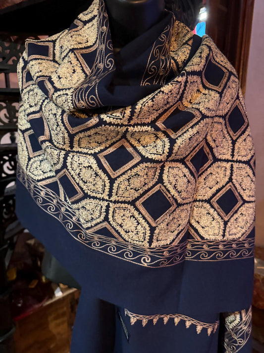 Vintage Navy Blue Cashmere Pashmina Scarf Wrap Paisley Embroidered