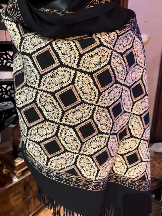 Vintage Black Cashmere Pashmina Scarf Wrap Paisley Embroidered