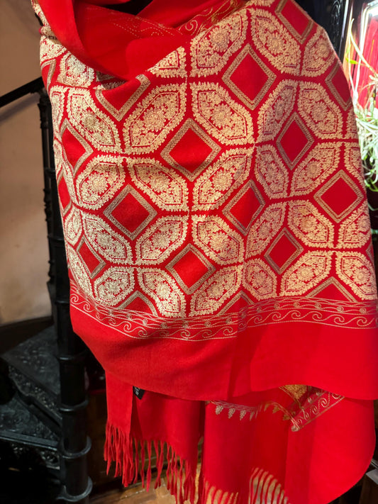 Vintage Red Cashmere Pashmina Scarf Wrap Paisley Embroidered