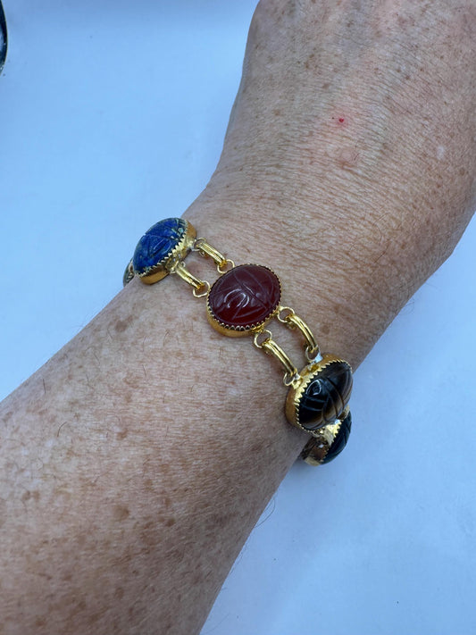 Vintage Scarab Bracelet Gold filled Carved Gemstones