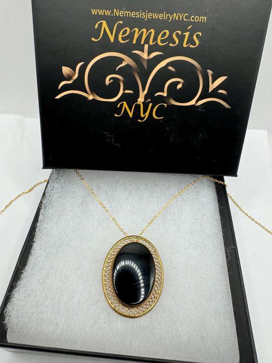 Vintage Black Onyx Gemstone Yellow Gold Filled Necklace Choker pin brooch