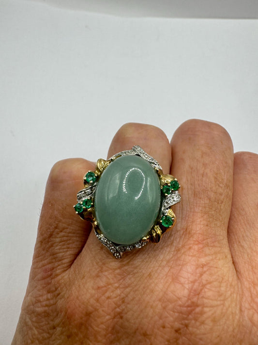 Vintage Green Jade emerald and diamond Ring Nephrite Gold 925 Sterling Silver Cocktail Size 8