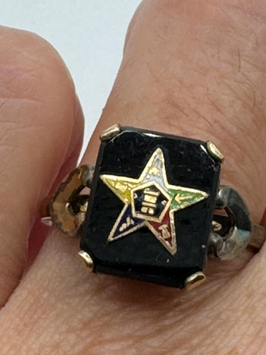 Vintage Lucky Eastern Star Free Mason Ring Gold Filled Enameled with crystal