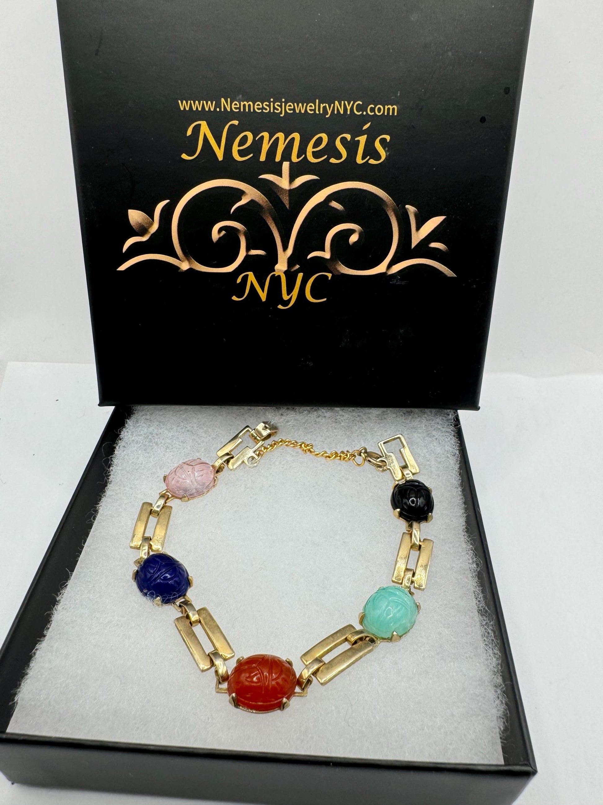 Vintage Scarab Bracelet Gold filled Carved Gemstones