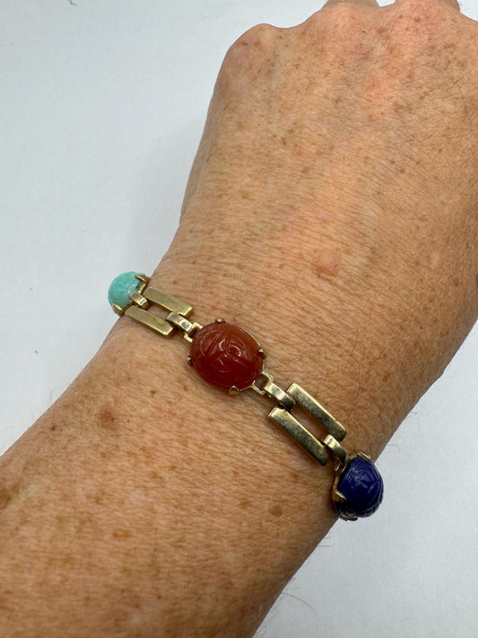 Vintage Scarab Bracelet Gold filled Carved Gemstones