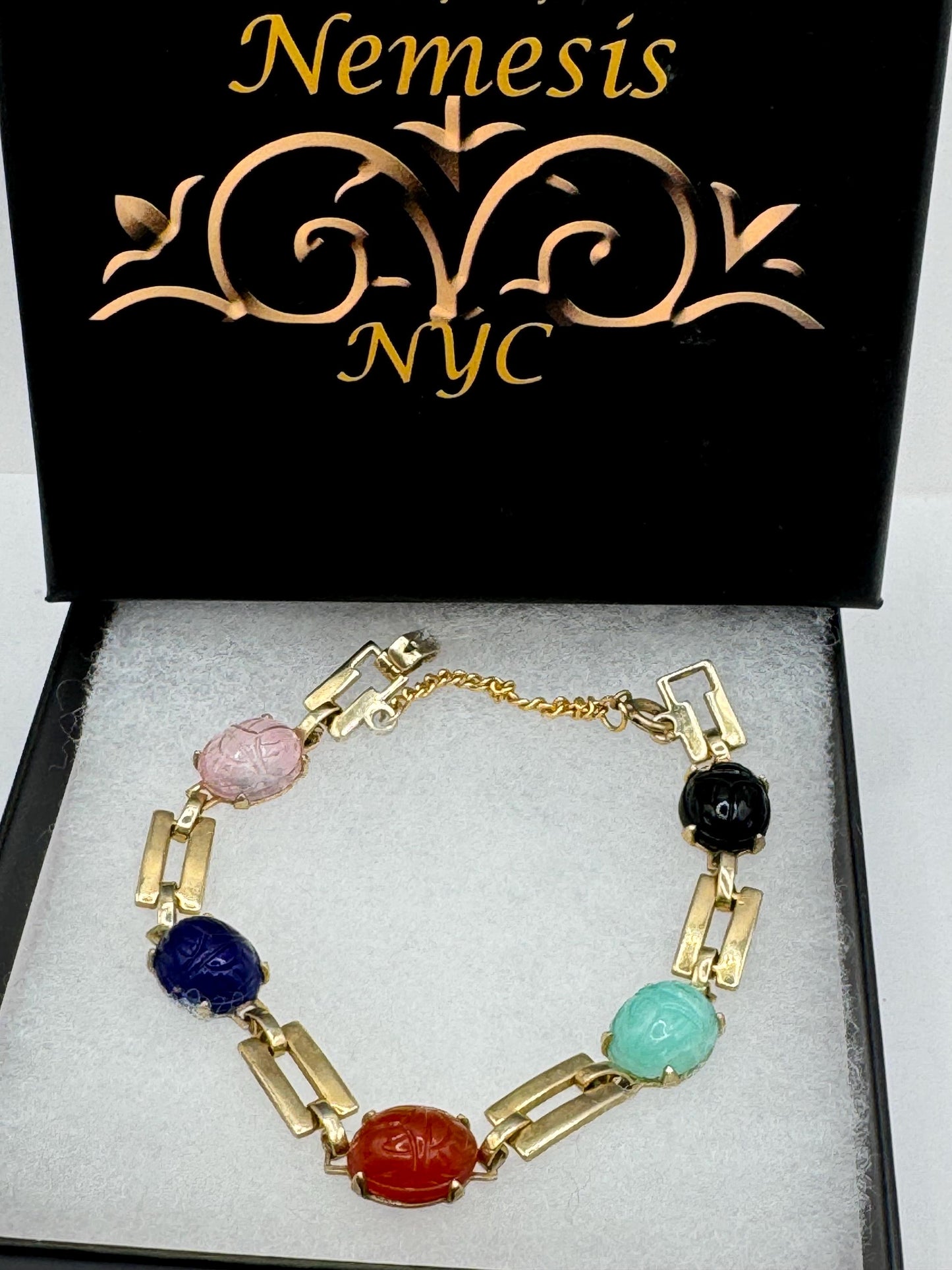 Vintage Scarab Bracelet Gold filled Carved Gemstones