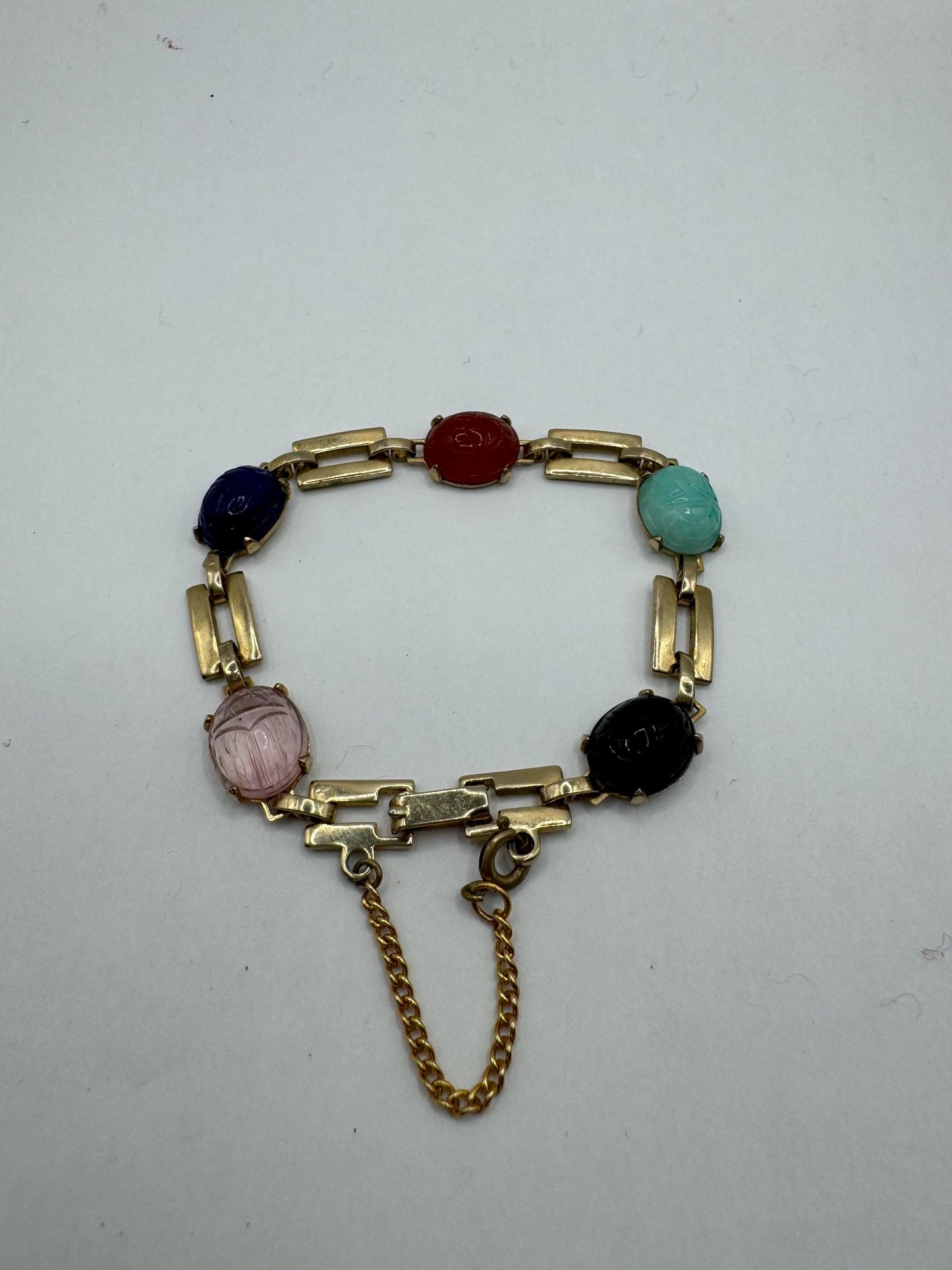 Vintage Scarab Bracelet Gold filled Carved Gemstones