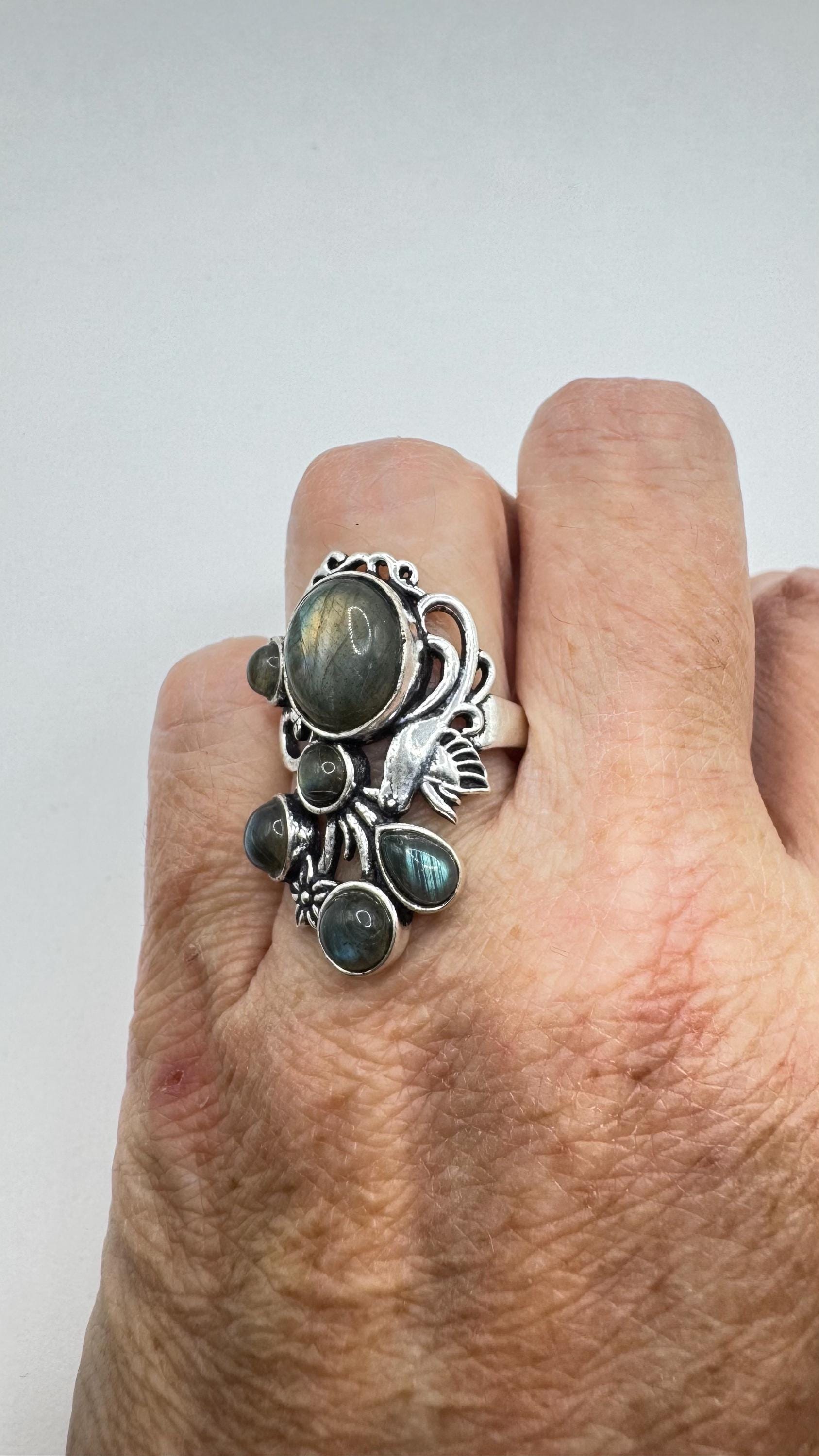 Vintage Large Blue Green Labradorite Silver Chunky Statement Cocktal Ring