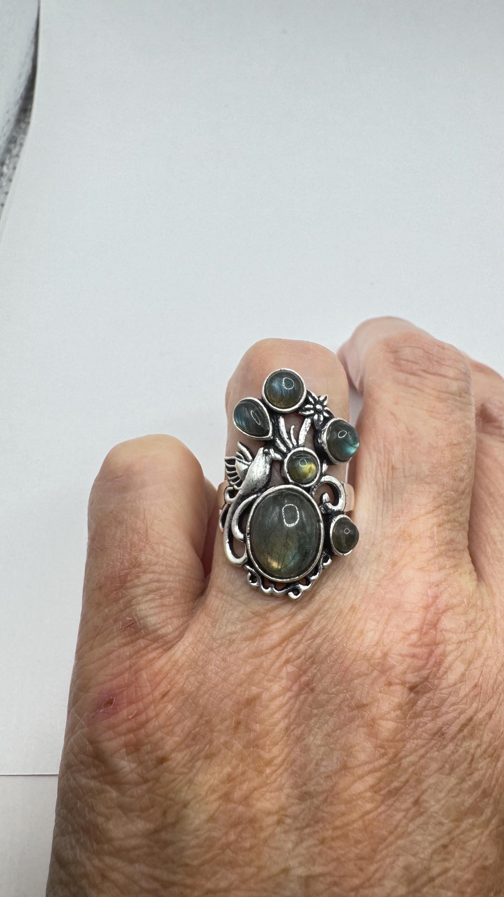 Vintage Large Blue Green Labradorite Silver Chunky Statement Cocktal Ring