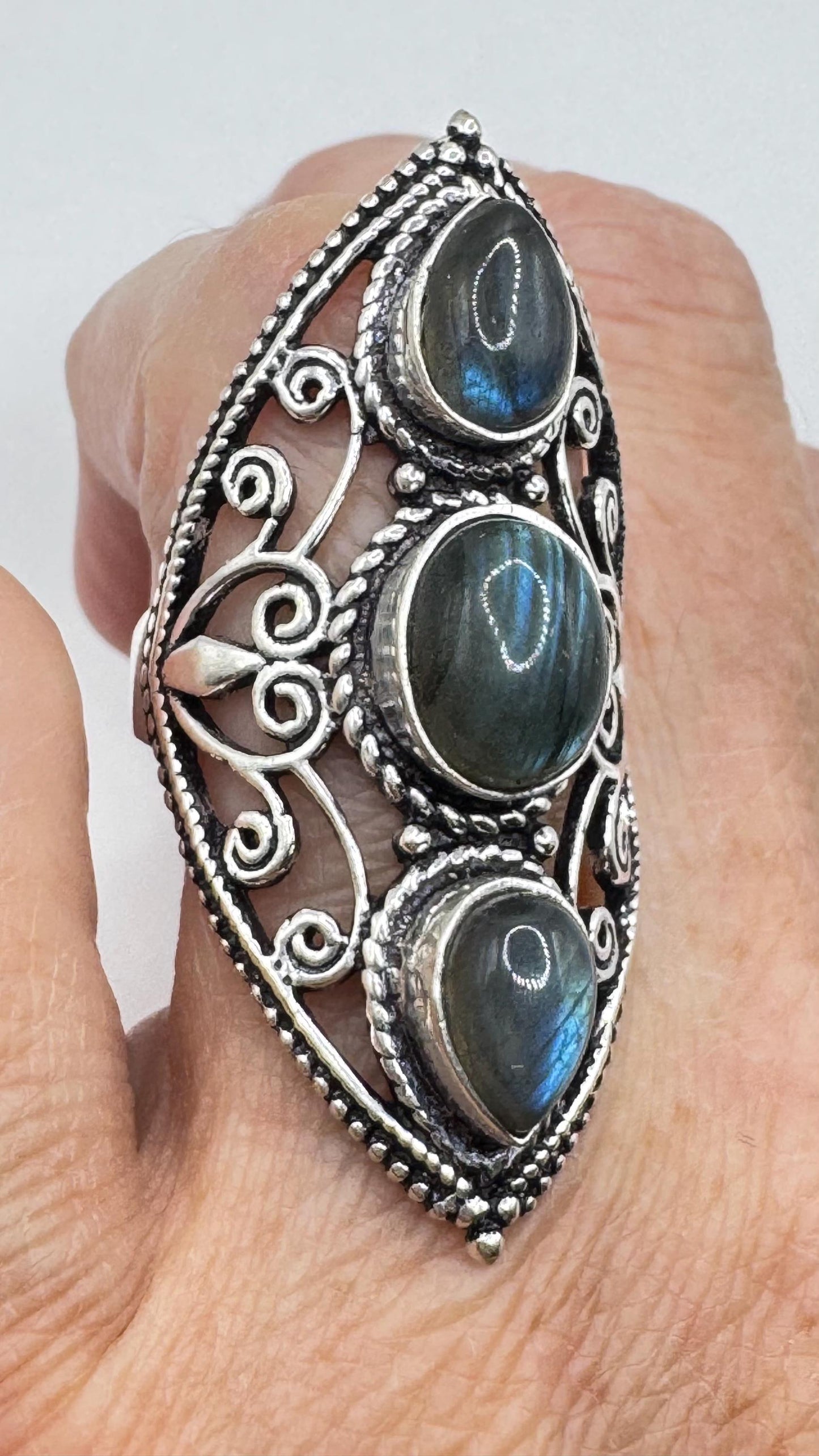 Vintage Large Blue Green Labradorite Stone Silver Ring Size 8