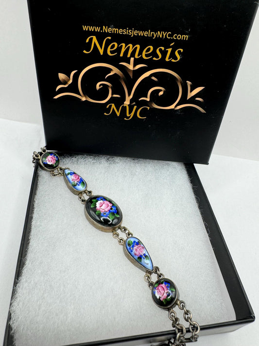 Vintage handpainted flowers porcelain Bracelet 925 Sterling Silver USSR