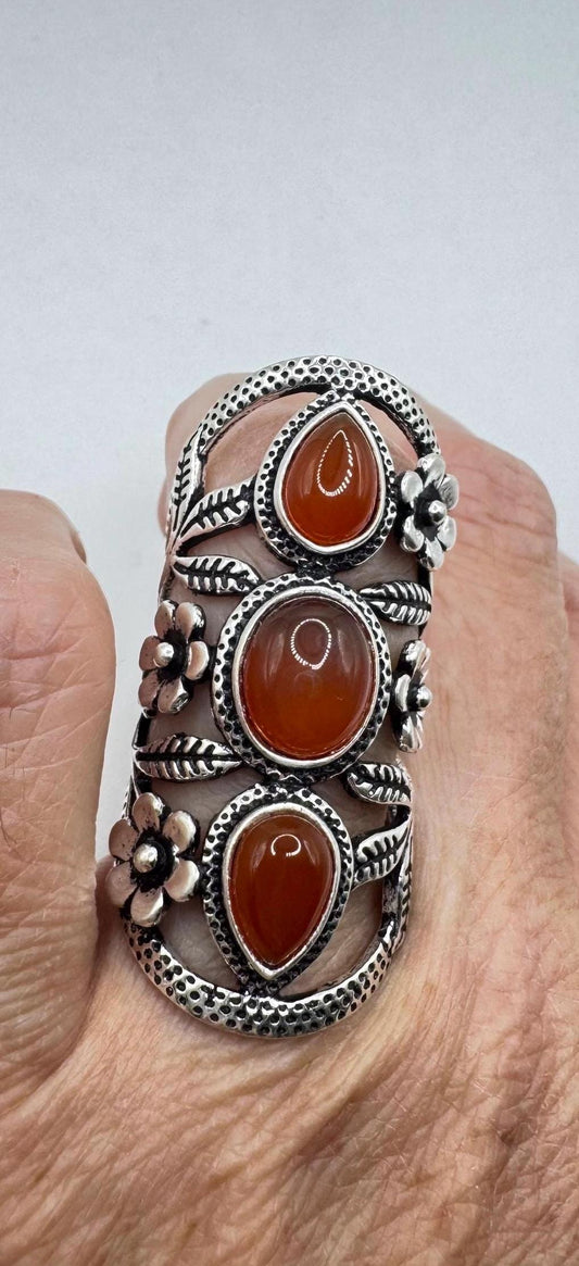 Vintage Red Carnelian Silver White Bronze Boho Statement Ring