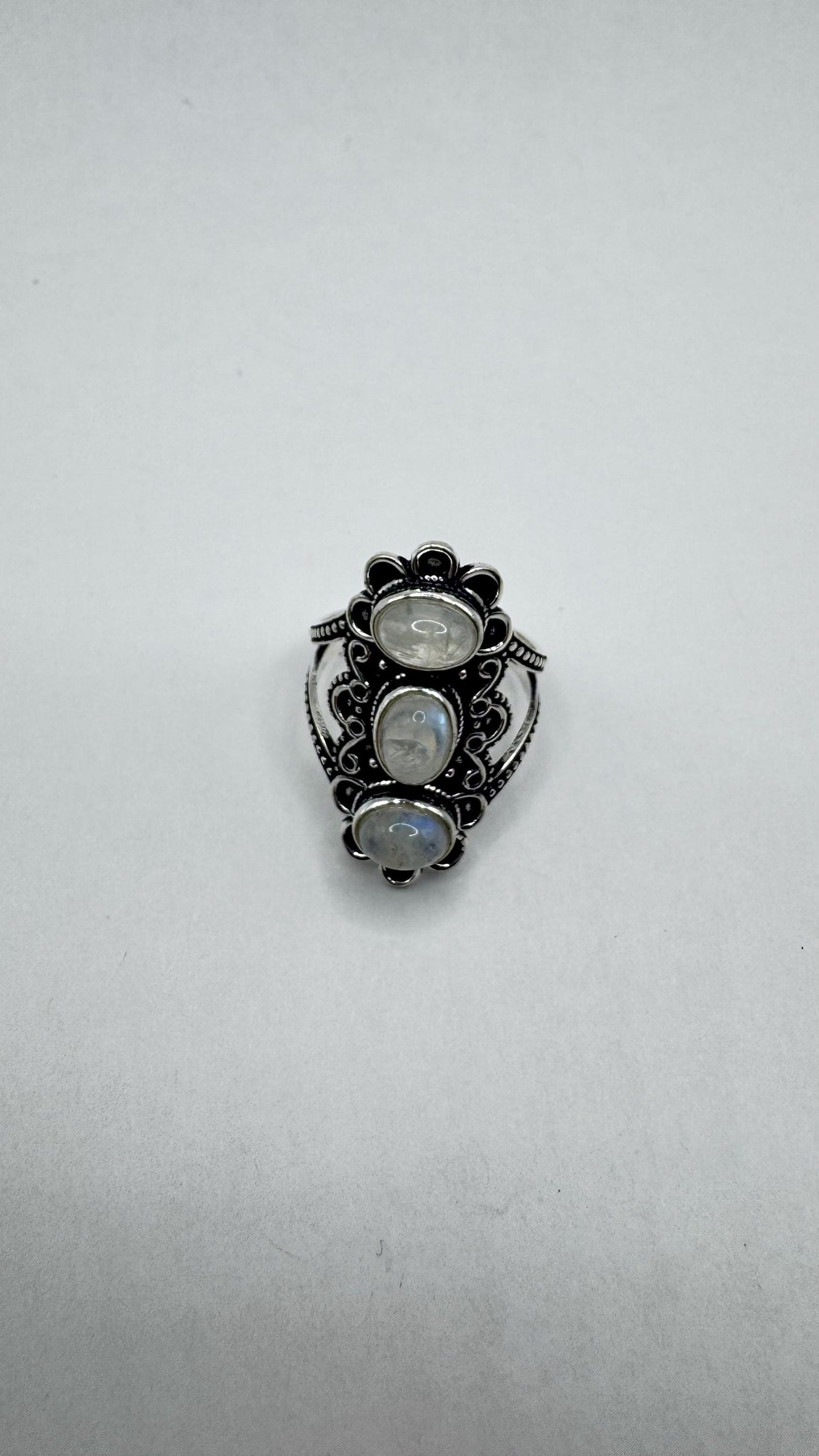 Vintage Large Blue White Rainbow Moonstone Stone Silver Ring