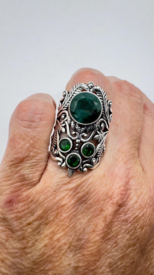 Vintage Green Raw Emerald Silver Bronze Statement Boho Ring