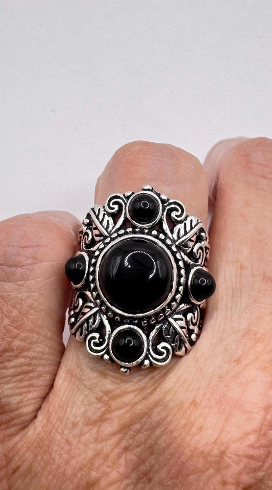 Vintage Black Onyx Silver Cocktail Ring Size 7