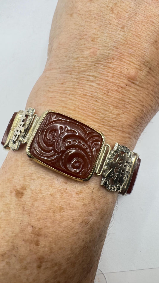 Vintage Carnelian Chinese calligraphy Silver lucky bracelet