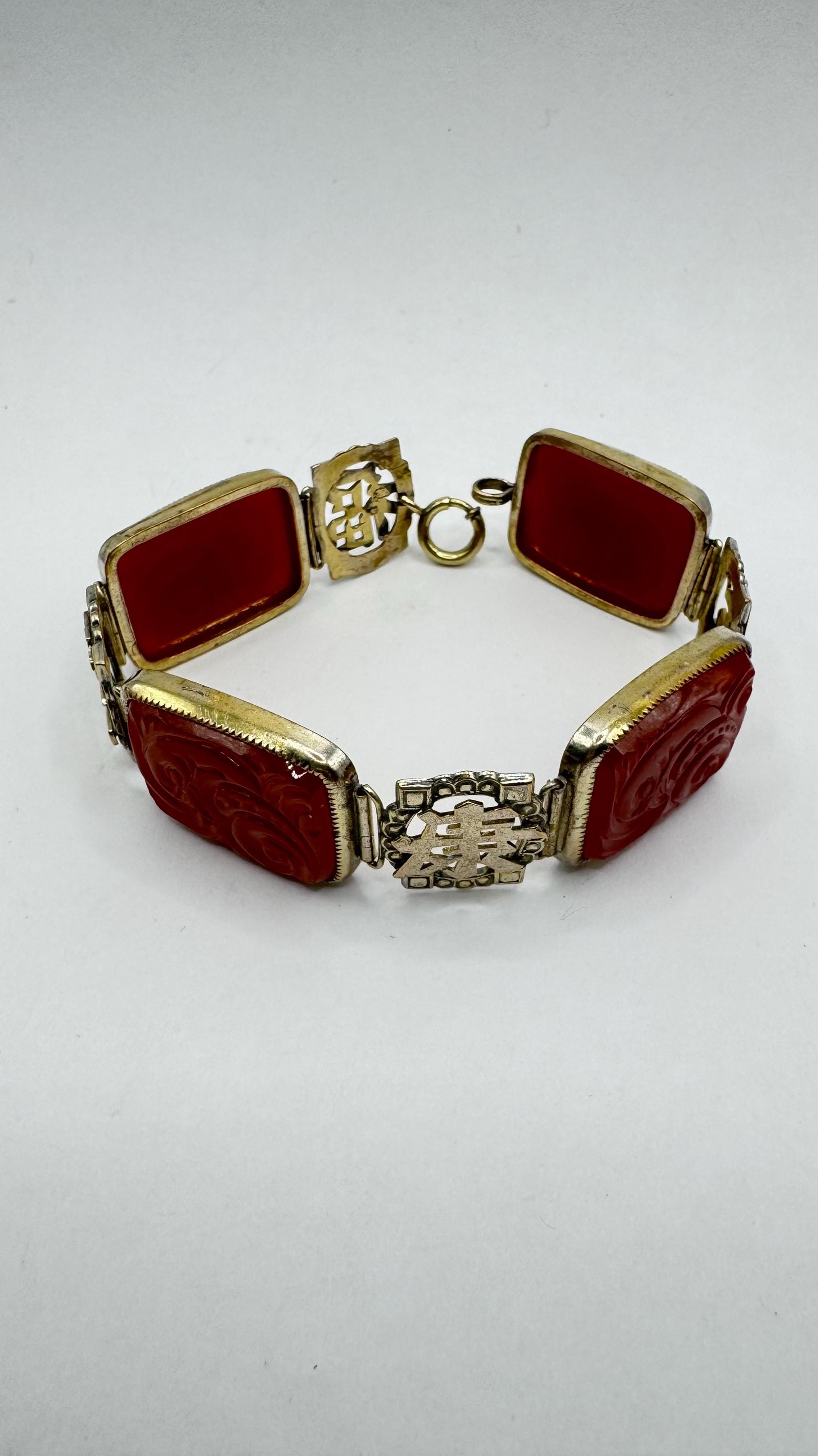 Vintage Carnelian Chinese calligraphy Silver lucky bracelet