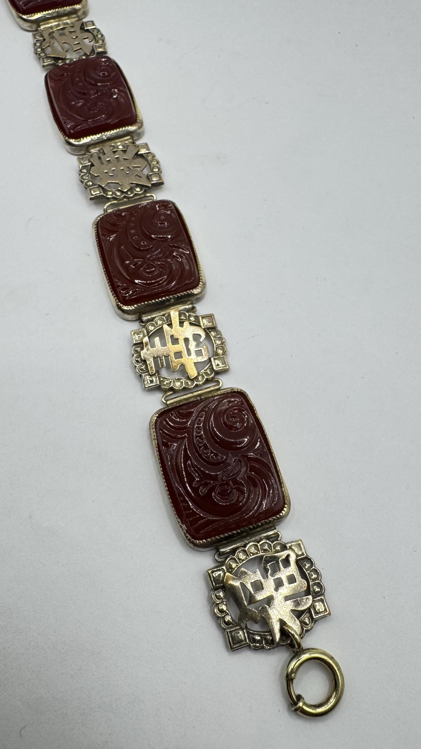 Vintage Carnelian Chinese calligraphy Silver lucky bracelet