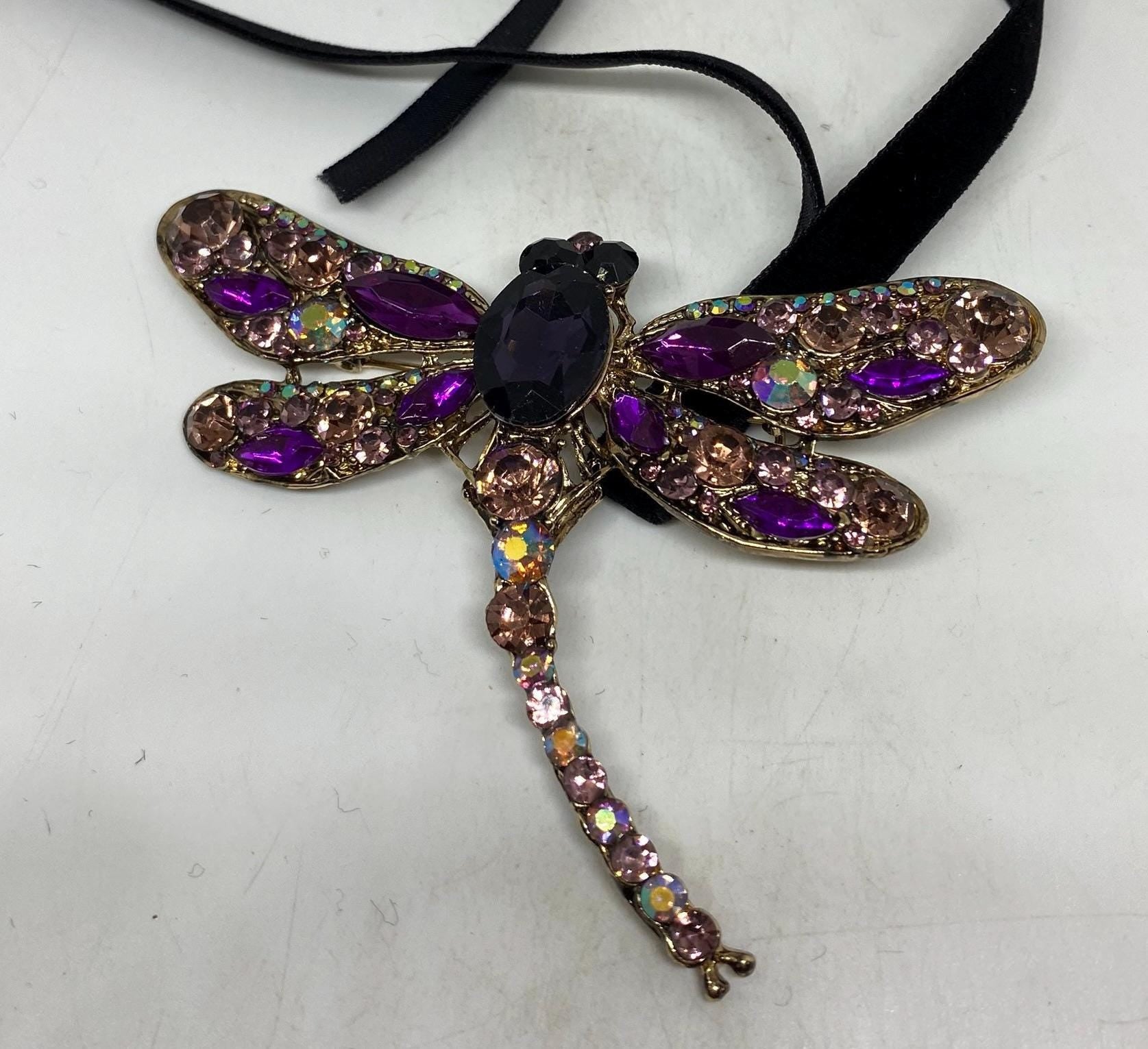 Gothic Styled Austrian Crystal Dragonfly Choker Necklace pin