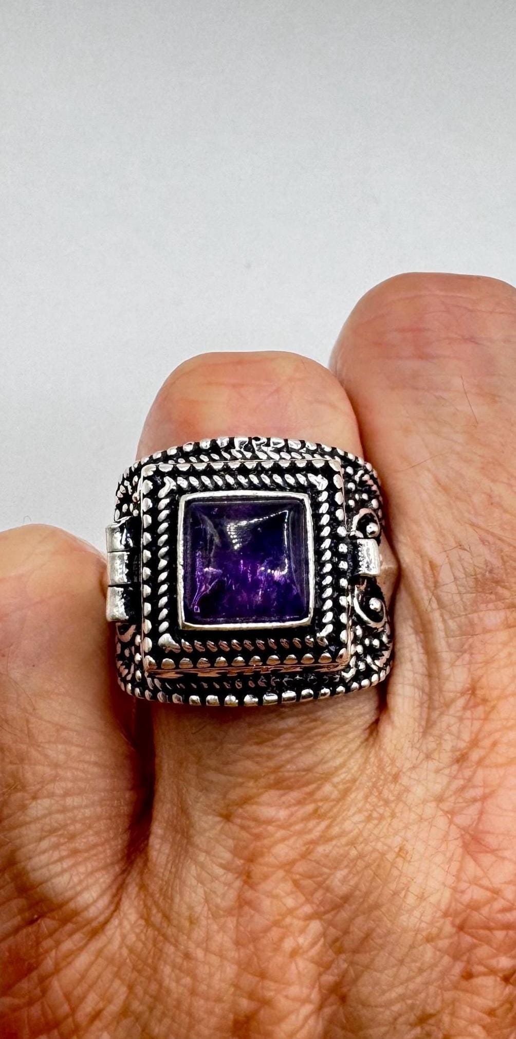 Vintage Purple Amethyst Silver Bronze Poison Pillbox Ring