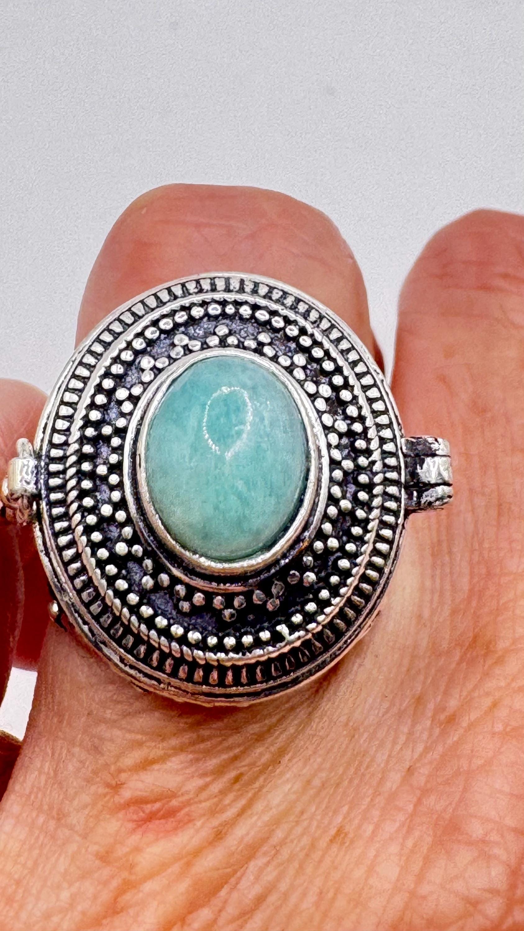 Vintage Blue Larimar Silver Bronze Poison Pillbox Ring