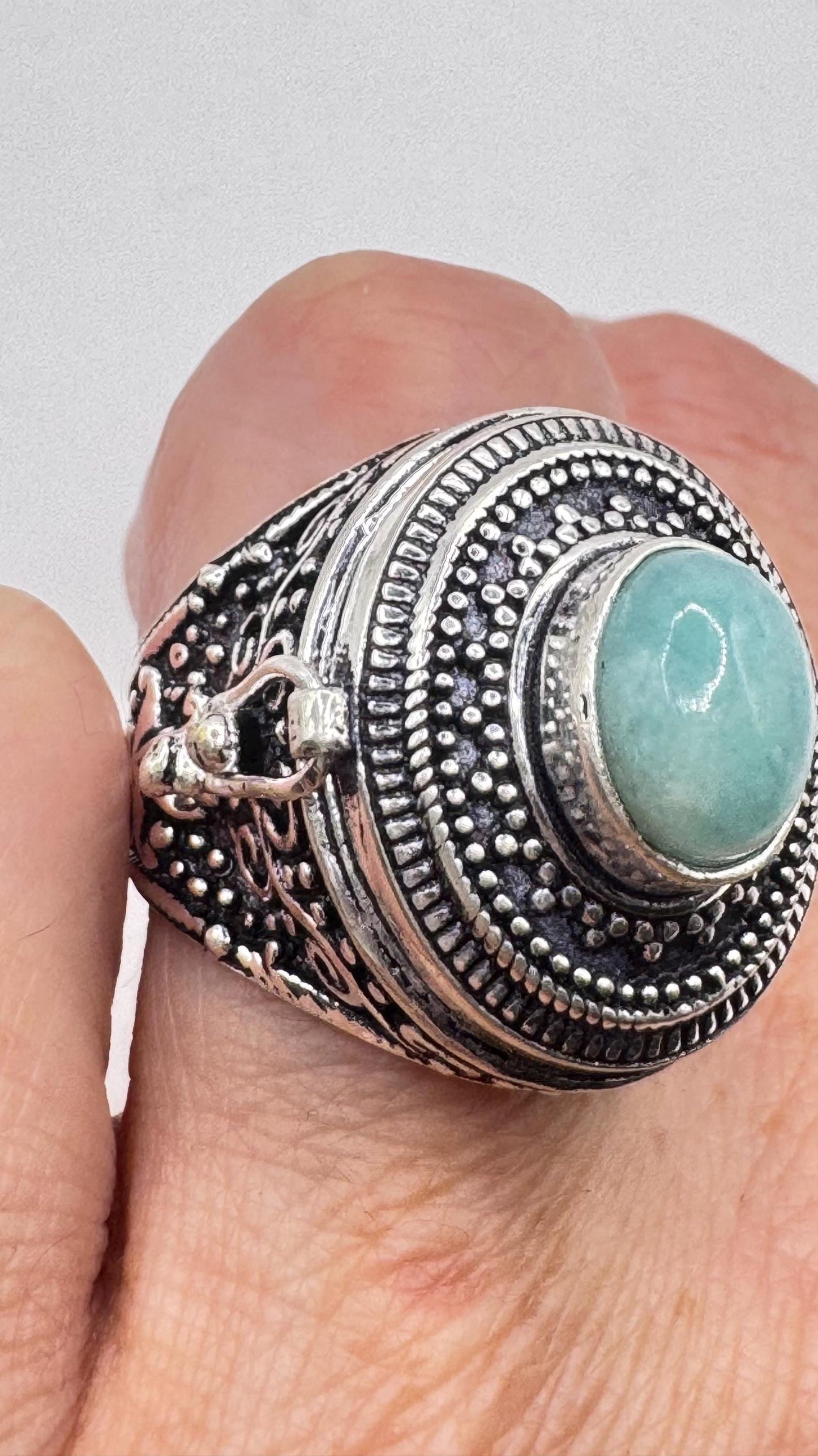 Vintage Blue Larimar Silver Bronze Poison Pillbox Ring