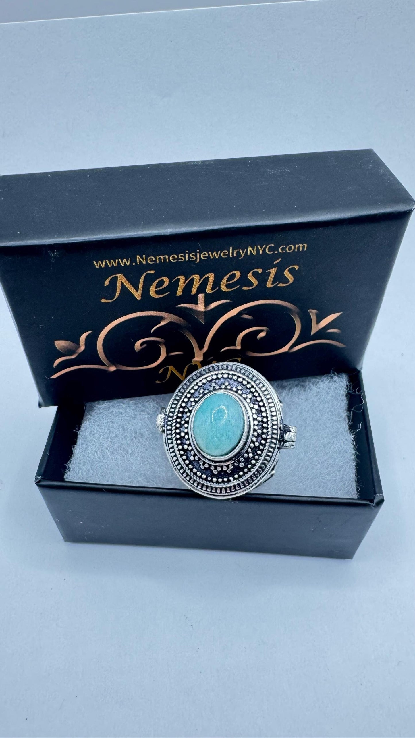 Vintage Blue Larimar Silver Bronze Poison Pillbox Ring