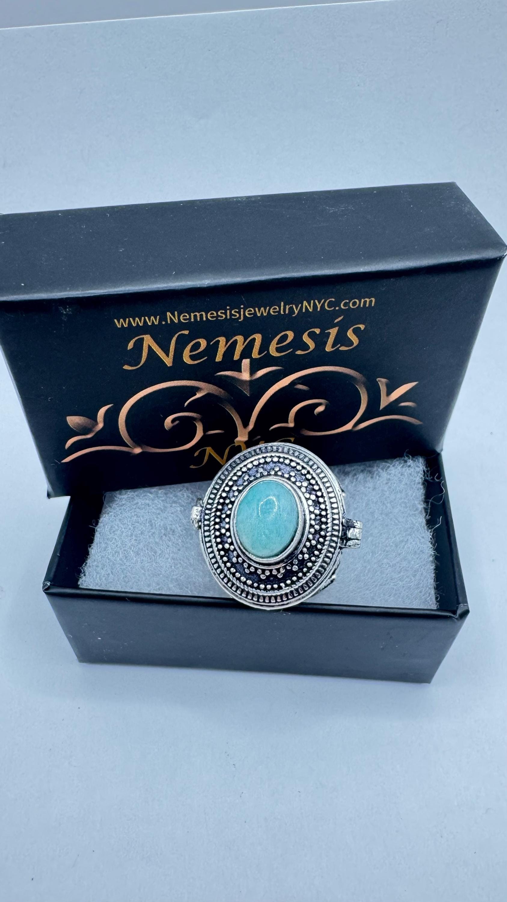 Vintage Blue Larimar Silver Bronze Poison Pillbox Ring
