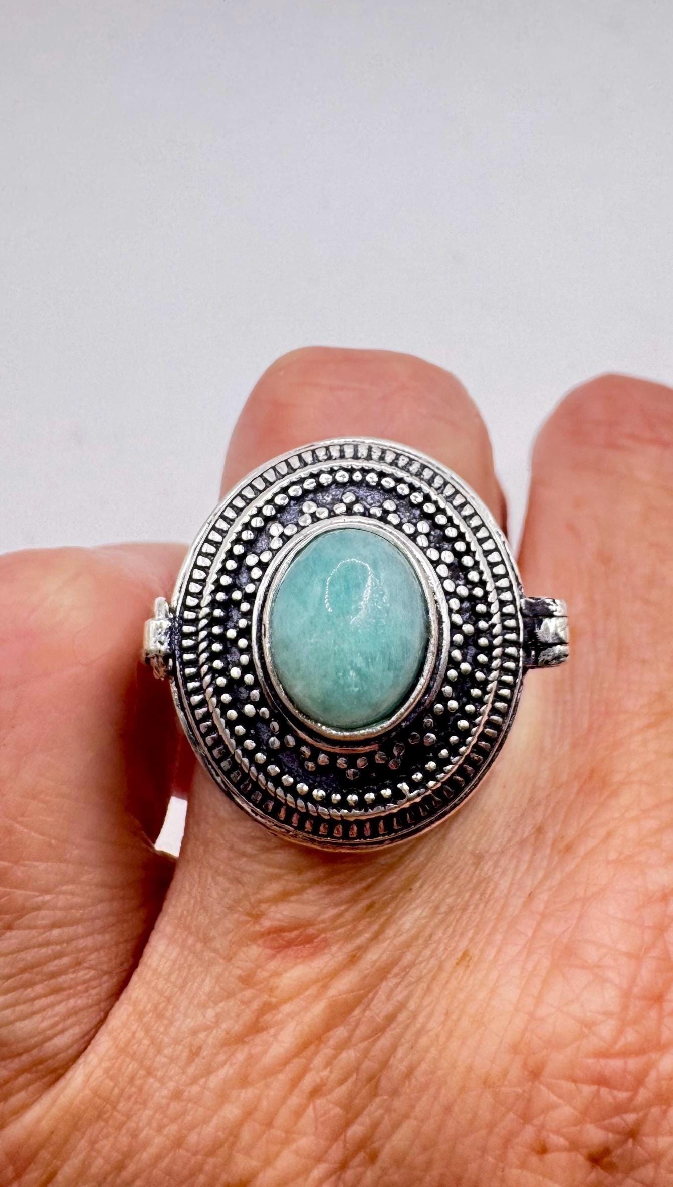 Vintage Blue Larimar Silver Bronze Poison Pillbox Ring