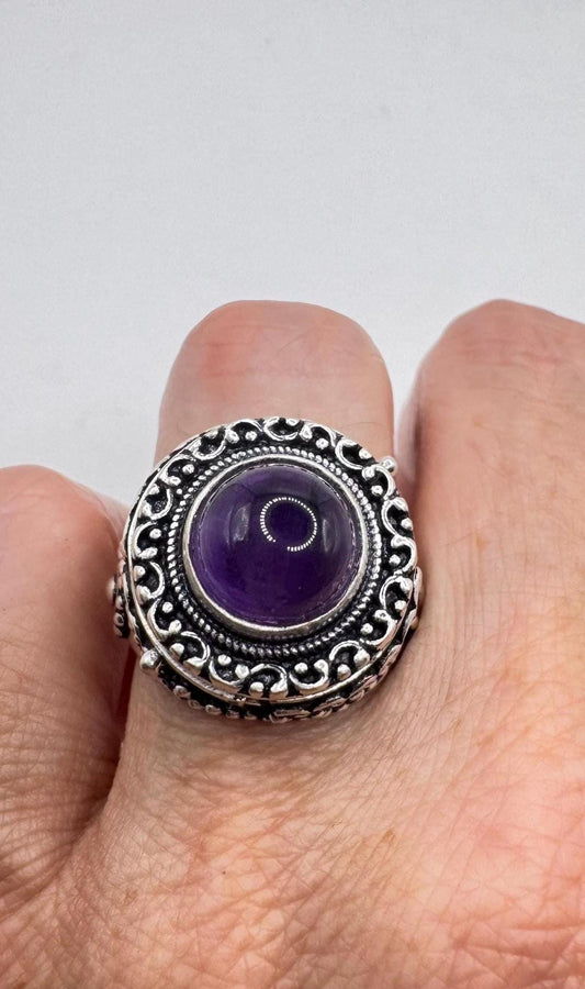 Vintage Purple Amethyst Silver Bronze Poison Pillbox Ring